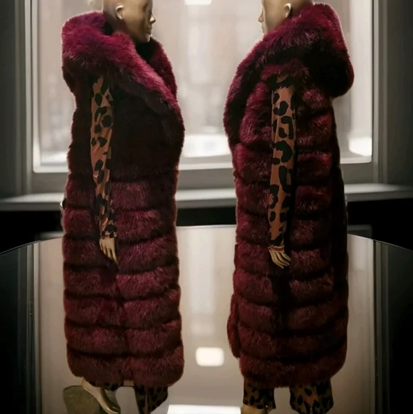 SOLD NWT Luxurious Burgandy Faux Fur Long Hooded Vest Sz M - Picture 3 of 16